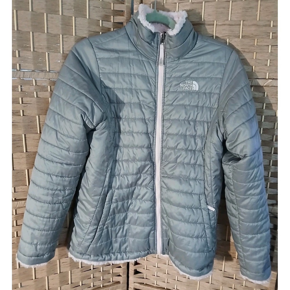 The North Face Girls Mossback Reversible Puffer Jacket Sz XL Gray Pink